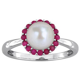 Stella Grace Sterling Silver Freshwater Cultured Pearl & Gemstone Halo Ring