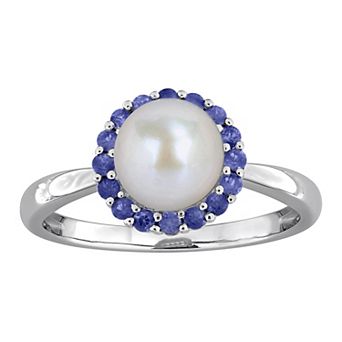 Stella Grace Sterling Silver Freshwater Cultured Pearl & Gemstone Halo Ring