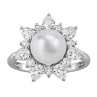Stella Grace Sterling Silver Freshwater Cultured Pearl & Lab-Created White Sapphire Floral Ring