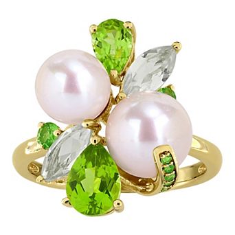 Stella Grace 18k Gold Flash Plated Freshwater Cultured Pearl & Multi-Gemstone Cluster Ring