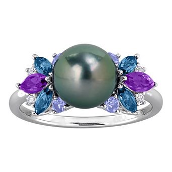 Stella Grace Sterling Silver Cultured Tahitian Pearl & Multi-Gemstone Floral Ring