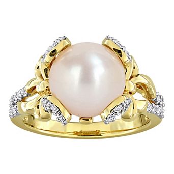 Stella Grace 18k Gold Flash Plated Freshwater Cultured Pearl & White Topaz Cathedral Ring