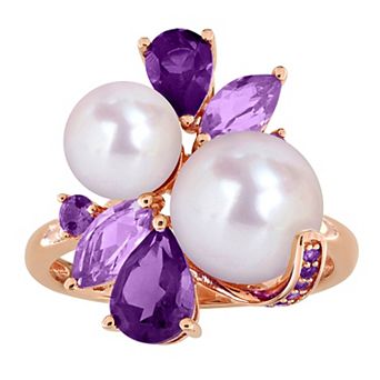 Stella Grace 18k Rose Gold Flash Plated Freshwater Cultured Pearl & Amethyst Cluster Ring