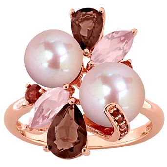 Stella Grace 18k Rose Gold Flash Plated Pink Cultured Pearl & Multi-Gemstone Cluster Ring