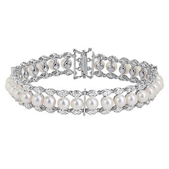 Stella Grace Sterling Silver Freshwater Cultured Pearl & Lab-Created Moissanite Multi-Row Bracelet