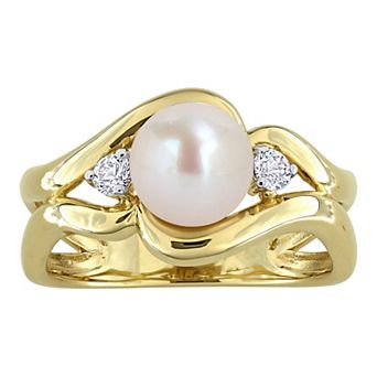 Stella Grace 18k Gold Flash Plated Freshwater Cultured Pearl & Lab-Created White Sapphire 3-Stone Ring