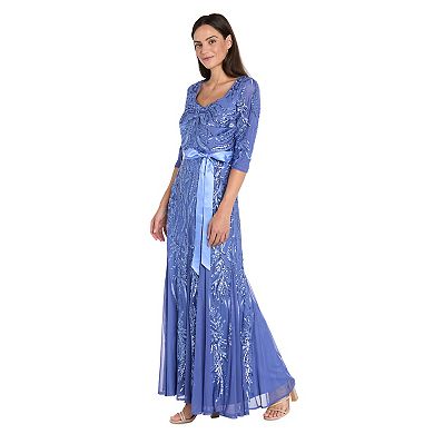 Women's R&M Richards Sequin & Beaded 3/4 Sleeve Mermaid Gown