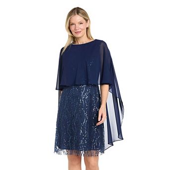 Women's R&M Richards Short Caviar Beaded Sheath Dress with Chiffon Capelet