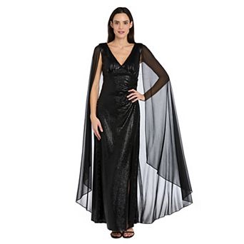 Women's R&M Richards Shimmering Metallic Cape-Sleeve Gown with Slit