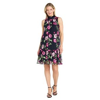 Women's R&M Richards Floral Embroidered Trapeze Dress with Mock Neck