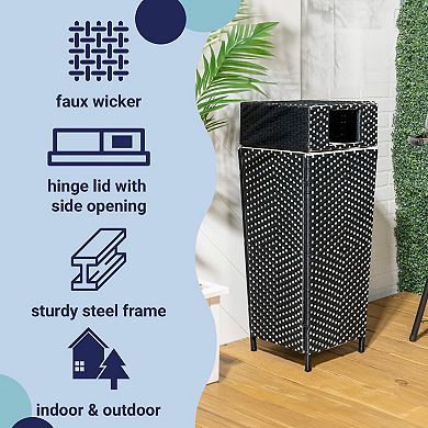 Keaton Modern All-Weather Wicker/Metal Lidded Hideaway Outdoor Trash Can