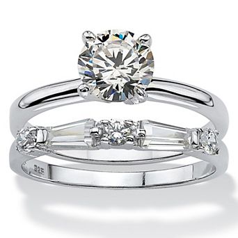 2.06 ct w. Cubic Zirconia Sterling Silver Solitaire 2 pc Wedding Ring Set