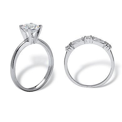2.06 Cttw. Cubic Zirconia Sterling Silver Solitaire 2-Piece Wedding Ring Set