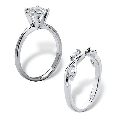 1.48 Cttw. Cubic Zirconia Sterling Silver 2-Pc. Solitaire Vine Bridal Ring Set