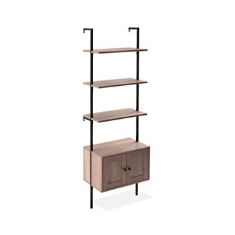 Industrial 4-shelf Wood Wall-mounted Open Ladder Bookcase, Cabinet, Metal Frame