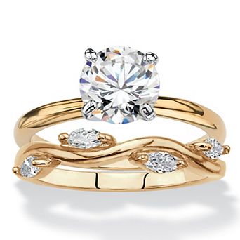 2.40 ct w. 2 pc Yellow Gold-Plated Round Cubic Zirconia Wedding Ring Set