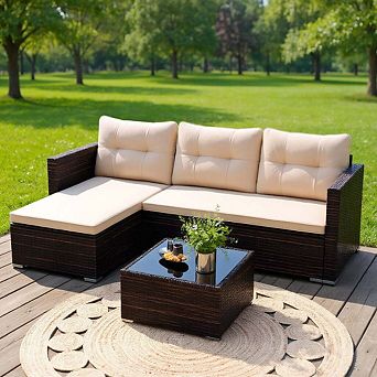 2 pc Beige Outdoor Wicker Patio Furniture Set with Tempered Glass Coffee Table and Soft Cushions