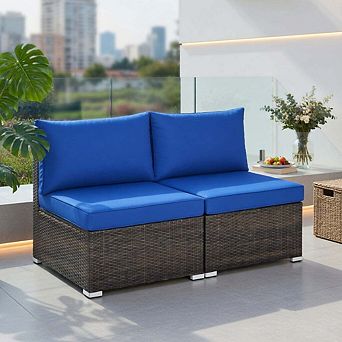 2 pc All Weather Patio Rattan Armless Sofa Set with 2 Cushions and 2 Pillows in Navy