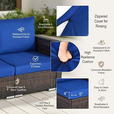 2 Pieces All Weather Patio Rattan Armless Sofa Set with 2 Cushions and 2 Pillows in Navy
