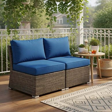 2 Pieces All Weather Patio Rattan Armless Sofa Set with 2 Cushions and 2 Pillows in Navy