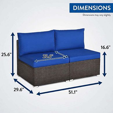 2 Pieces All Weather Patio Rattan Armless Sofa Set with 2 Cushions and 2 Pillows in Navy