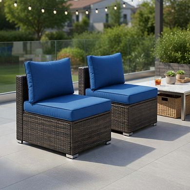 2 Pieces All Weather Patio Rattan Armless Sofa Set with 2 Cushions and 2 Pillows in Navy