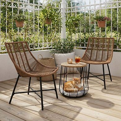 3 Piece Brown Patio Conversation Set with Integrated Pet House & Acacia Wood Frame