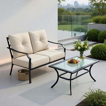 2 pc Beige Cushioned Patio Loveseat Bench Set with Matching Coffee Table