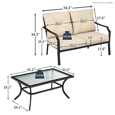 2 Piece Beige Cushioned Patio Loveseat Bench Set with Matching Coffee Table