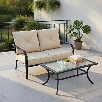 2 Piece Beige Cushioned Patio Loveseat Bench Set with Matching Coffee Table