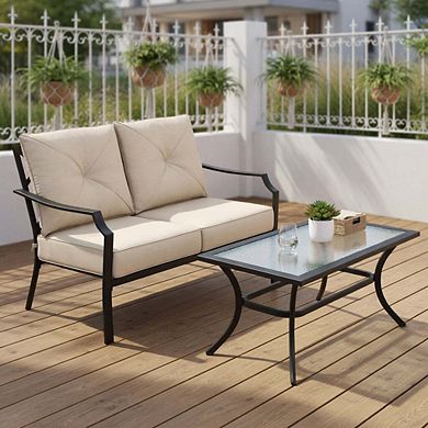 2 Piece Beige Cushioned Patio Loveseat Bench Set with Matching Coffee Table