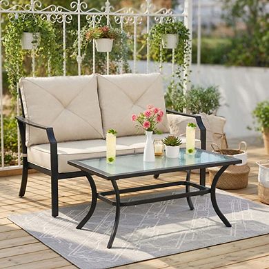 2 Piece Beige Cushioned Patio Loveseat Bench Set with Matching Coffee Table