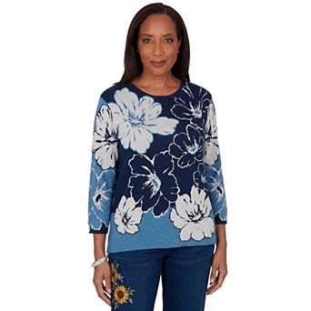 Petite Alfred Dunner Floral Patch Crewneck Sweater