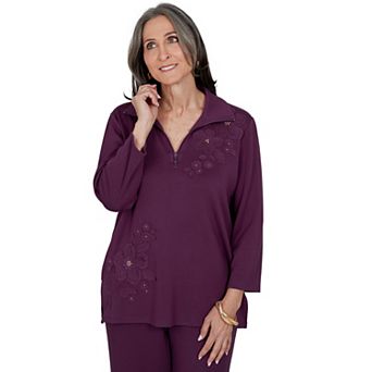 Petite Alfred Dunner Tonal Applique Half-Zip Sweater Top