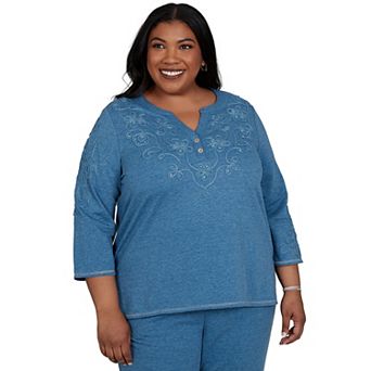 Plus Size Alfred Dunner Easy Does It Floral Soutache Embellished Knit Henley Top
