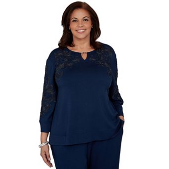 Plus Size Alfred Dunner Scroll Soutache Split Neck Top