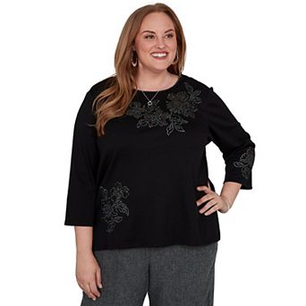Plus Size Alfred Dunner Shimmer Floral Embellished Knit Top