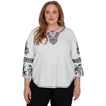 Plus Size Alfred Dunner Geo Floral Knit Embroidered Top