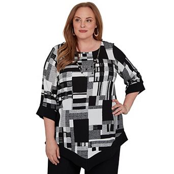 Plus Size Alfred Dunner Soft Colorblock Knit Top with Necklace