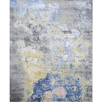 HomeRoots Ivory Blue and Gray Abstract Hand Knotted Area Rug