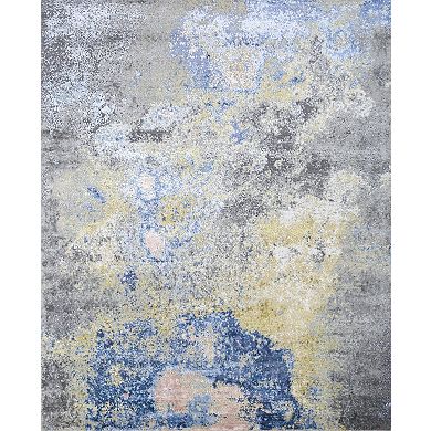 HomeRoots Ivory Blue and Gray Abstract Hand Knotted Area Rug