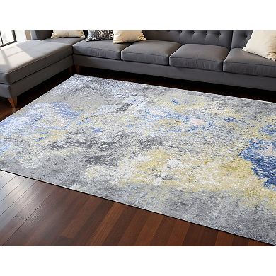 HomeRoots Ivory Blue and Gray Abstract Hand Knotted Area Rug