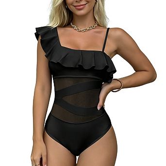 Women's Asymmetric Ruffle 1 pc Swimsuit Adjustable Strap Mesh Cutout Tummy Control Bathing Suit