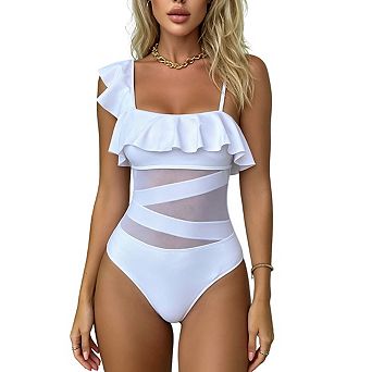 Women's Asymmetric Ruffle 1 pc Swimsuit Adjustable Strap Mesh Cutout Tummy Control Bathing Suit