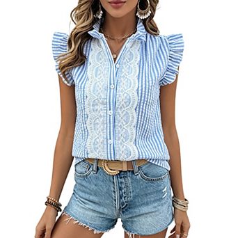 Women's Striped Ruffle Cap Short Sleeve Collar Lace Shirt Summer Casual Button Down Top Boho Blouse