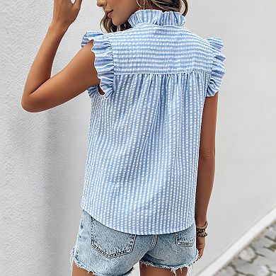 Women's Striped Ruffle Cap Short Sleeve Collar Lace Shirt Summer Casual Button Down Top Boho Blouse