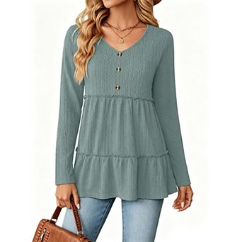 Womens V Neck Button Front Tiered Ruffle Long Sleeve Shirt Summer Fall Loose Tunic Top Casual Blouse