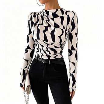 Women's Print Mock Neck Ruched Waist Long Sleeve Shirt Slim Fit Summer Fall Boho Top Casual Blouse