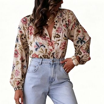 Womens Vintage Floral V Neck Puff Long Sleeve Shirt Pleated Loose Boho Top Summer Fall Casual Blouse