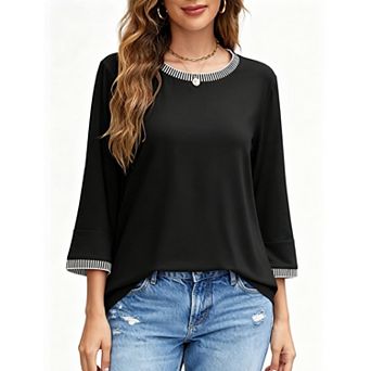 Women's Striped Ribbed Crew Neck 3/4 Long Sleeve Shirt Summer Fall Loose Top Solid Casual Blouse